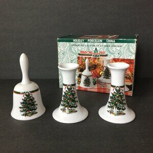 Ribbons & Tree Porcelain Dinner Bell And Pair Of Candle Holder Holiday Christmas